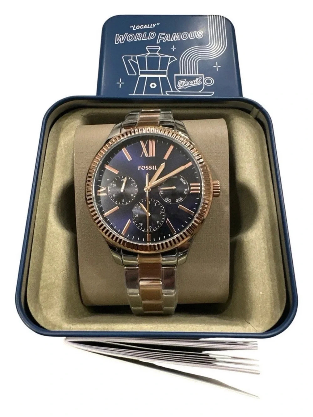 Fossil BQM7097 Men’s Two-Tone Stainless Quartz 42mm Day/Date 3ATM Box